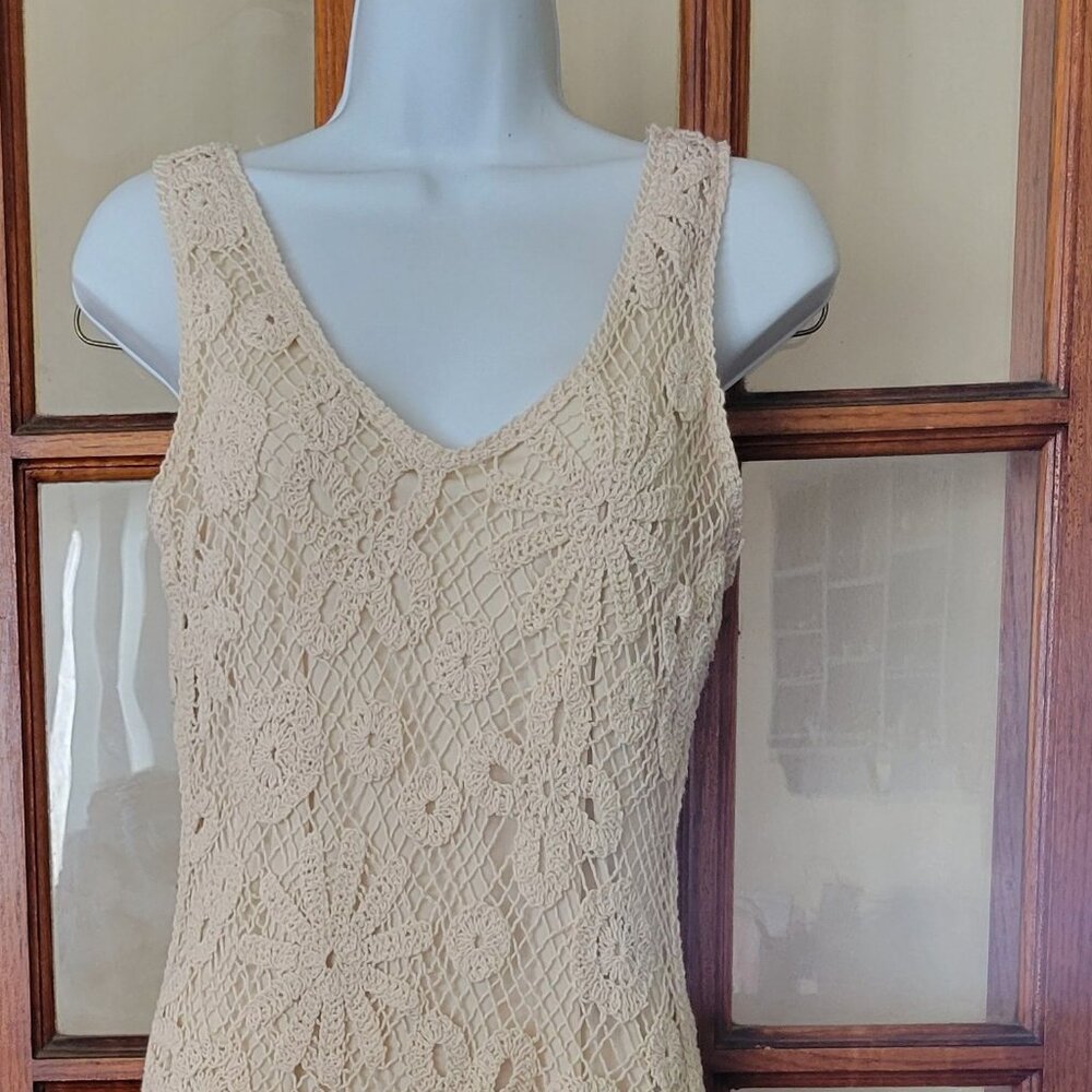 Kings Road Size S Natural Beige Sleeveless Crochet Swing Midi Dress